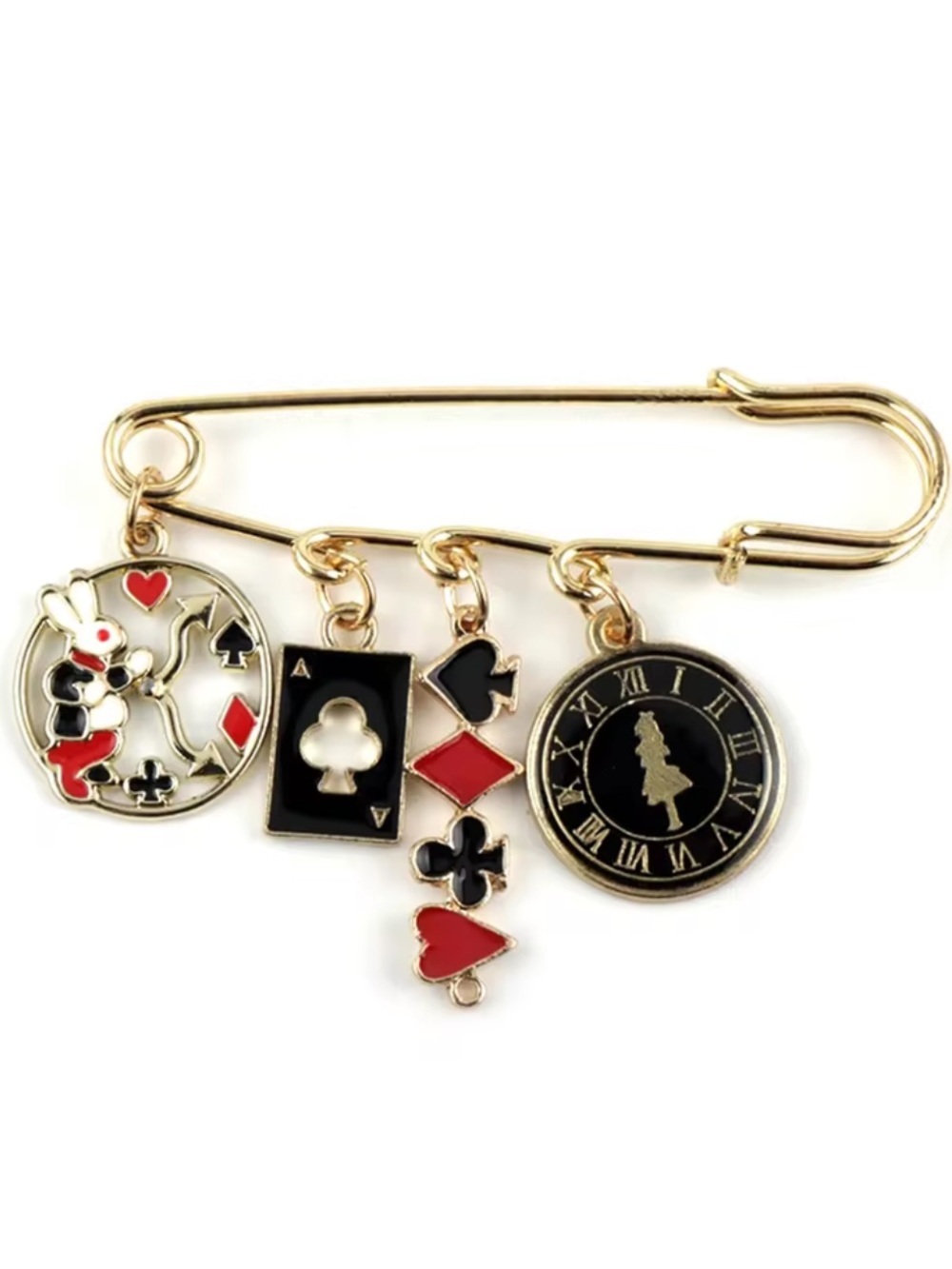 Gold-Tone Alice in Wonderland Card Charm Safety Pin Brooch - Black & Red